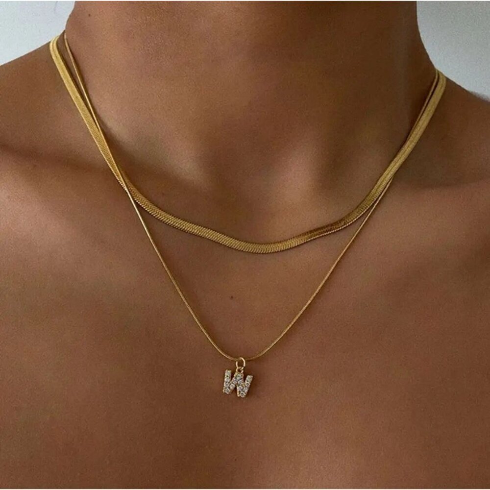 Double Layer Pendant Letter Necklace M in Gold Plated Stainless Steel - Picture 4 of 8